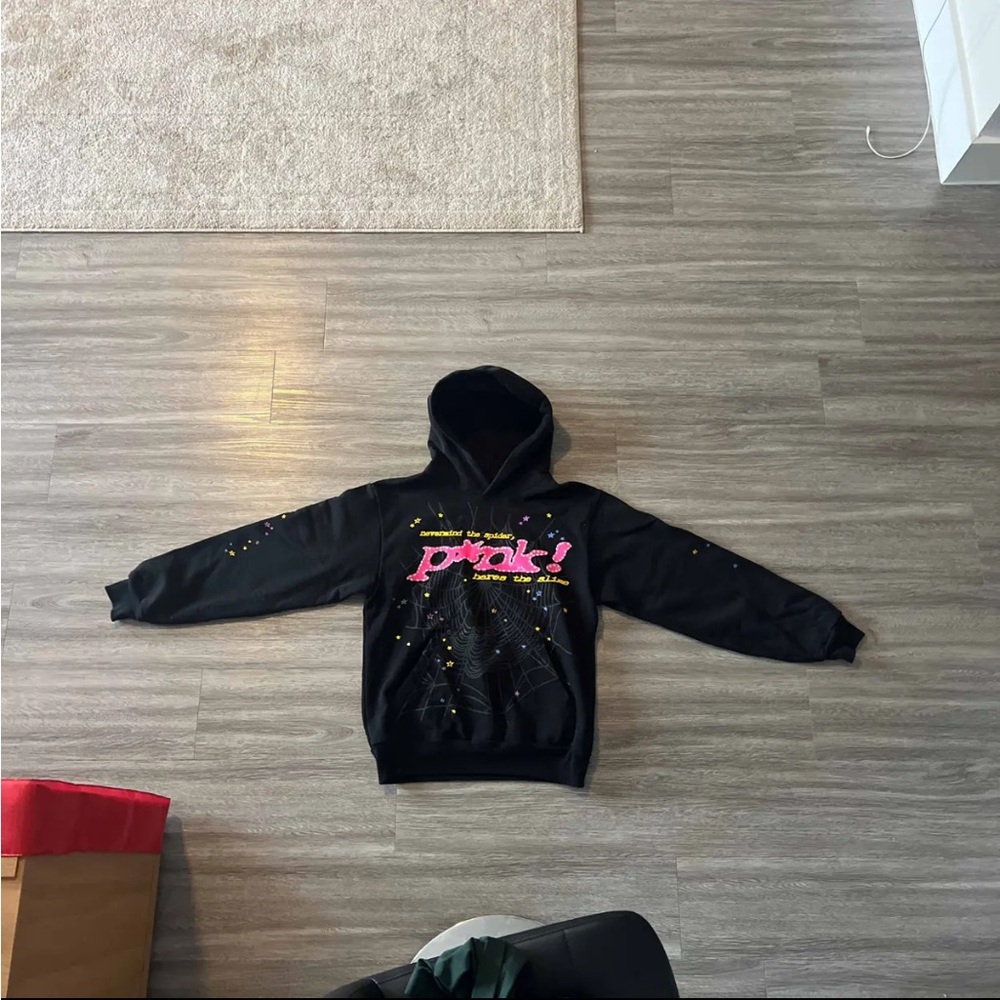 SP5DER Black Hoodie with Vibrant Pink Graphic